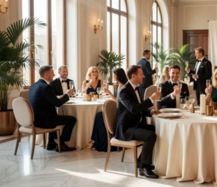 Goście na eleganckiej gali firmowej przy oświetlonych stołach