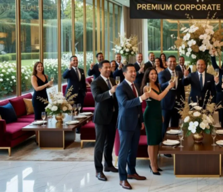 Goście korporacyjnej gali w eleganckiej sali wznoszący toast przy ciepłym świetle