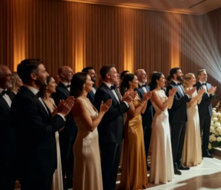 Elegancka gala firmowa z gośćmi świętującymi przy rozświetlonych stołach