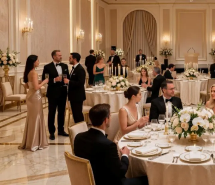 Odświętnie ubrani goście przy stołach podczas tematycznej gali firmowej w jasnej, eleganckiej sali bankietowej.