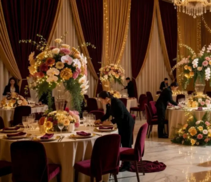 Sala eventowa przekształcona w elegancką przestrzeń wieczornej gali